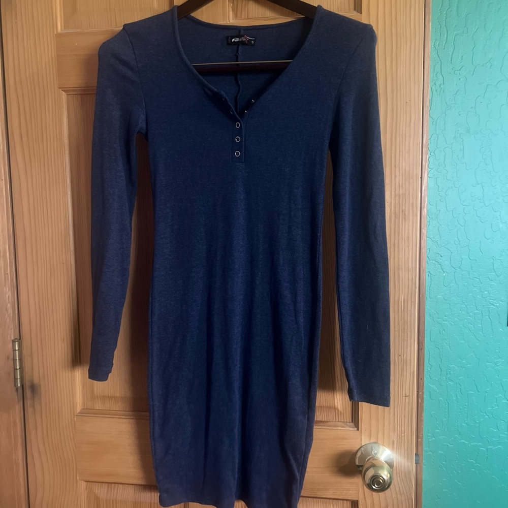 Blue V-Neck Long Sleeve Sheath Dress